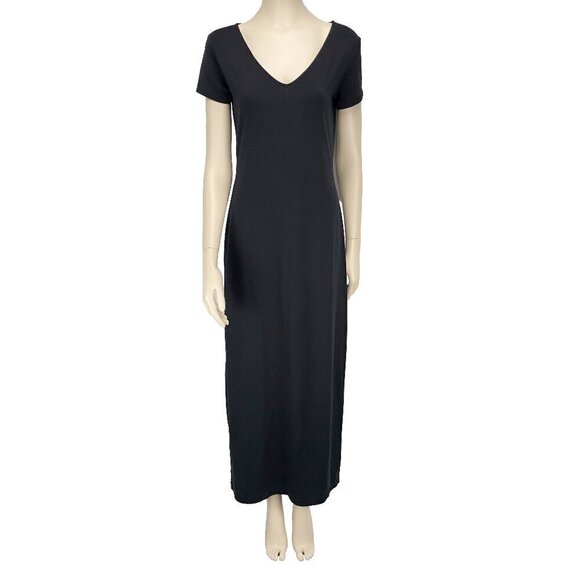 ESPRIT T-Shirt Bodycon sz Large* Stretch V-Neck Black Gothcore Maxi Midi Dress - Picture 1 of 9